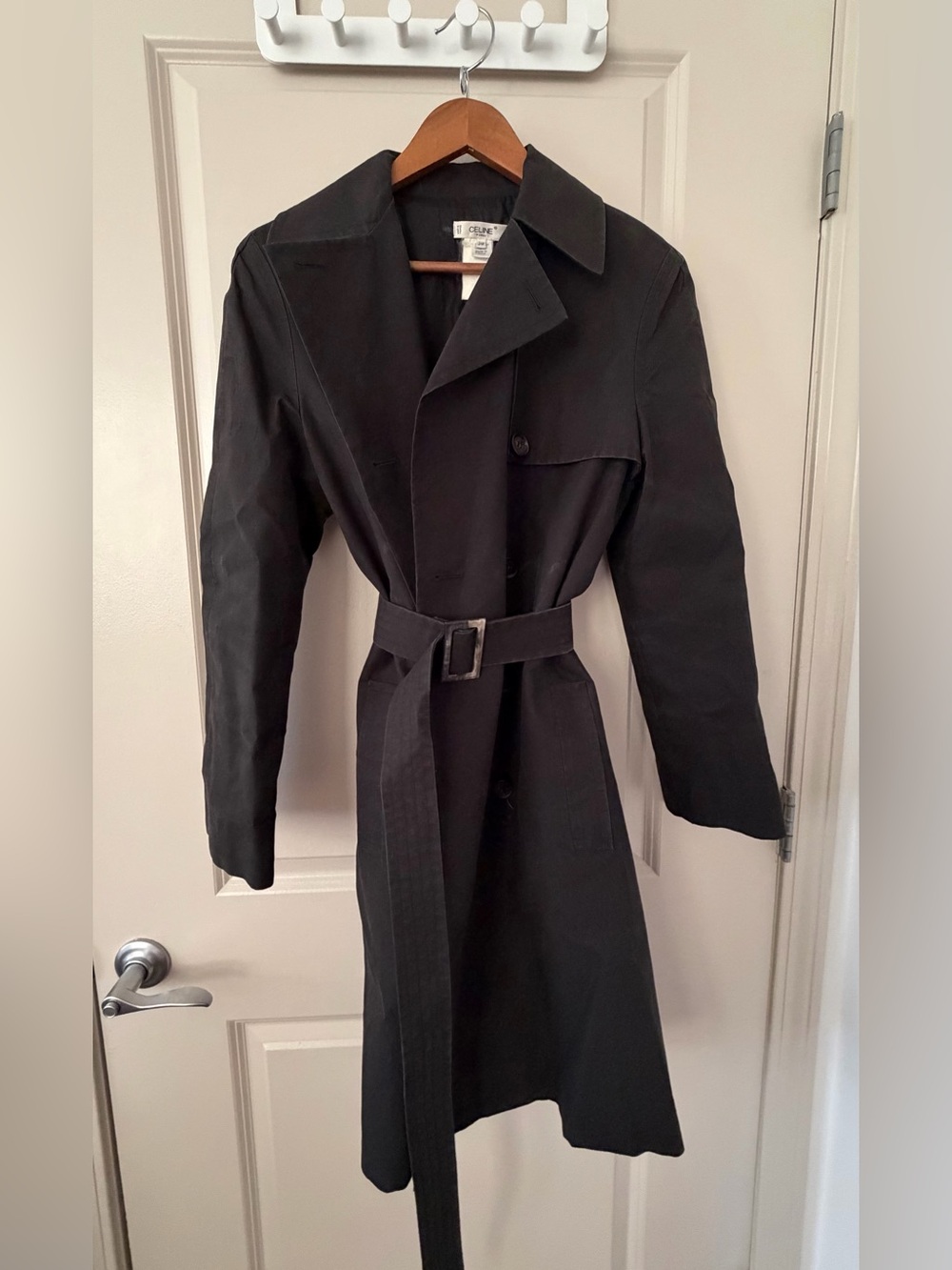 Vintage CELINE Paris Black Belted Trench Coat Made in France 38